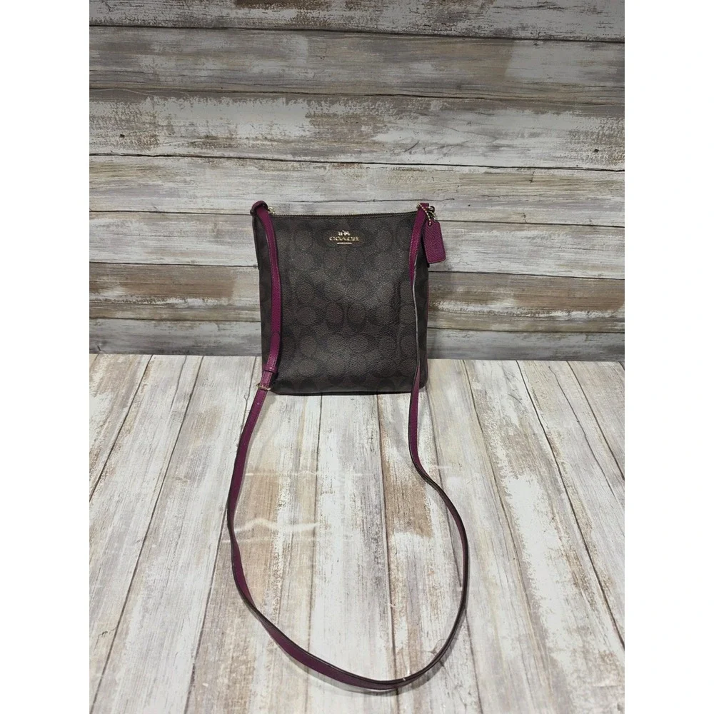 Coach North South Crossbody Bag Signature Canvas‎ Brown Magenta  File Purse